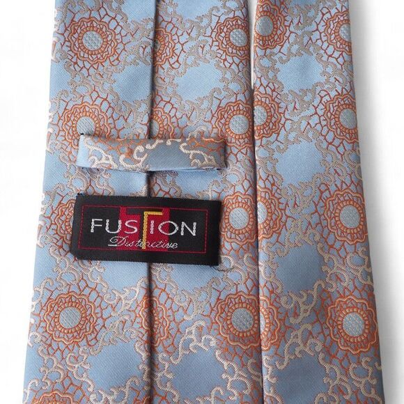 Fustion Geometric Mandala Flower Print Light Blue / Orange Neck Tie - Picture 2 of 5